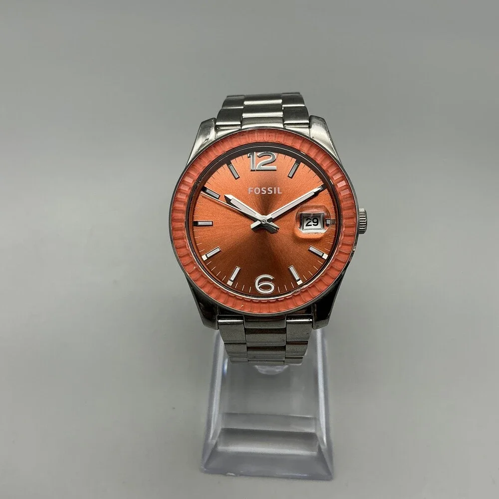 Fossil 2515 Mens Watch 39mm Orange Dial Silver Tone Date New Battery 6.75